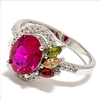 .925 Sterling Silver & 18k White Gold 4.75ctw Diamonique Diamond, Ruby & Multicolor Stones Ring