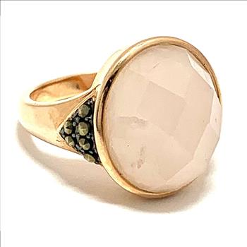 .925 Sterling Silver & 18k Yellow Gold 10.15ctw Genuine Pink Agat & Marcasite Ring