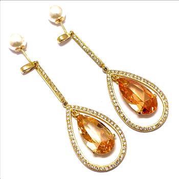 .925 Sterling Silver & 18k Yellow Gold 38.00ctw Golden Topaz & Diamonique Diamond Dangle Earrings