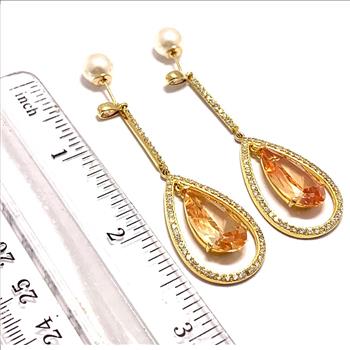 .925 Sterling Silver & 18k Yellow Gold 38.00ctw Golden Topaz & Diamonique Diamond Dangle Earrings