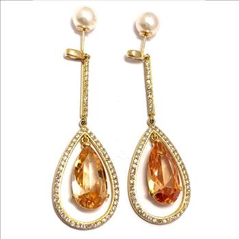 .925 Sterling Silver & 18k Yellow Gold 38.00ctw Golden Topaz & Diamonique Diamond Dangle Earrings