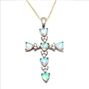 .925 Sterling Silver Chain & 18k Gold Overlay Cross 3.75 ctw Opal & Diamonique Diamond Necklace