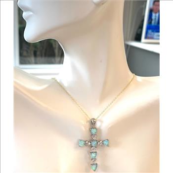 .925 Sterling Silver Chain & 18k Gold Overlay Cross 3.75 ctw Opal & Diamonique Diamond Necklace