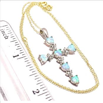 .925 Sterling Silver Chain & 18k Gold Overlay Cross 3.75 ctw Opal & Diamonique Diamond Necklace