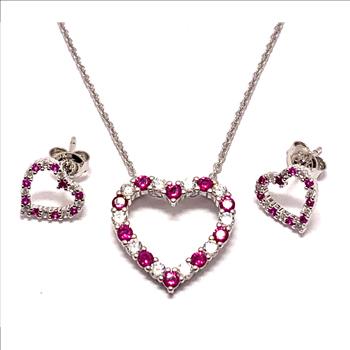 .925 Sterling Silver Chain 2.50ctw Ruby & Diamonique Diamond Traditional Design Necklace & Earrings Set