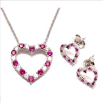.925 Sterling Silver Chain 2.50ctw Ruby & Diamonique Diamond Traditional Design Necklace & Earrings Set