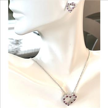 .925 Sterling Silver Chain 2.50ctw Ruby & Diamonique Diamond Traditional Design Necklace & Earrings Set