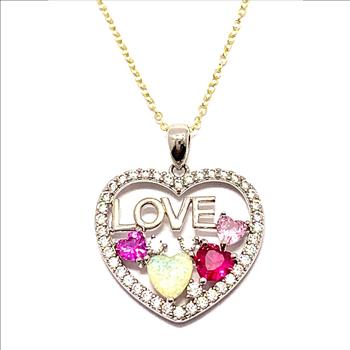 .925 Sterling Silver Chain 3.00ctw Opal, Ruby, Pink Topaz & Diamonique Diamond  LOVE Heart Necklace