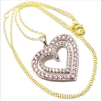 .925 Sterling Silver Chain 3.00ctw Pink Topaz & Diamonique Diamond  Heart Necklace