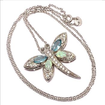 .925 Sterling Silver Chain 5.00ctw Opal, Blue Topaz & Diamonique Diamond Dragonfly Necklace
