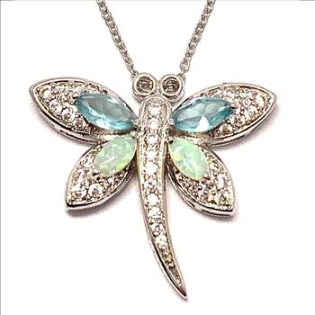.925 Sterling Silver Chain 5.00ctw Opal, Blue Topaz & Diamonique Diamond Dragonfly Necklace