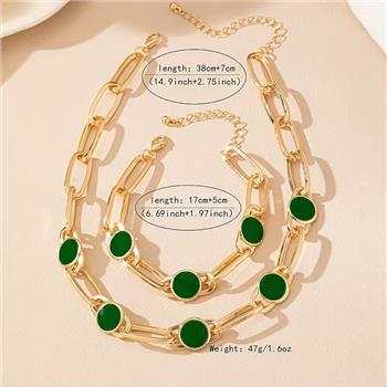 Green Enamel Necklace & Bracelet Set 18K Gold Overlay