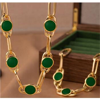 Green Enamel Necklace & Bracelet Set 18K Gold Overlay