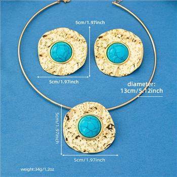 Women's Elegant Round Turquoise Necklace Earring Set 14k Yellow Gold Ovr