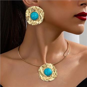 Women's Elegant Round Turquoise Necklace Earring Set 14k Yellow Gold Ovr