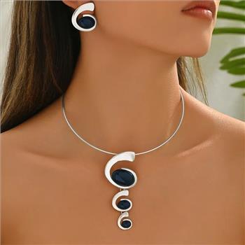 Women's Elegant Swirl Onyx Necklace Earring Set 14k White Gold Ovr