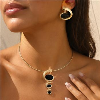 Women's Elegant Swirl Onyx Necklace Earring Set 14k White Gold Ovr