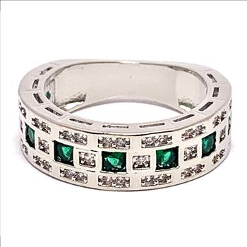 1.00ctw Emerald & Cubic Zirconia 18k White Gold Overlay Ring / Band