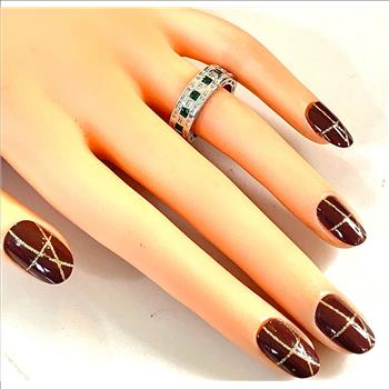 1.00ctw Emerald & Cubic Zirconia 18k White Gold Overlay Ring / Band