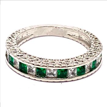 1.00ctw Emerald & Cubic Zirconia 18k White Gold Overlay Ring / Band