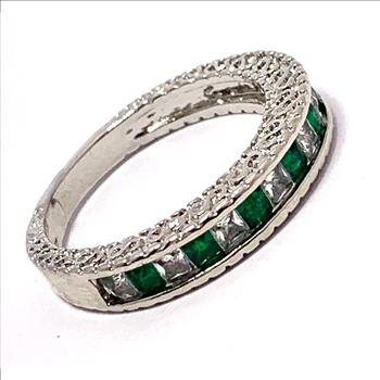 1.00ctw Emerald & Cubic Zirconia 18k White Gold Overlay Ring / Band