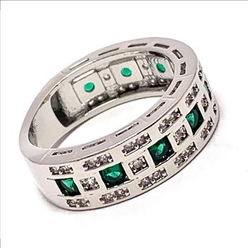 1.00ctw Emerald & Cubic Zirconia 18k White Gold Overlay Ring / Band
