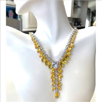 105.00ctw Citrine & CZ 18k White Gold Ovr Statement Necklace 18” Long