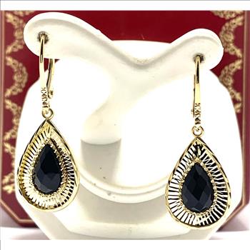 10k  Yellow Gold  Black Onyx Dangle Lever back Earrings  ( Solid Gold, Natural Onyx )