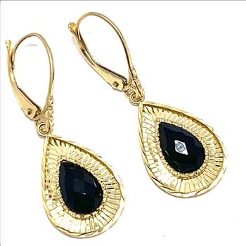 10k  Yellow Gold  Black Onyx Dangle Lever back Earrings  ( Solid Gold, Natural Onyx )