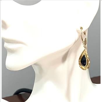 10k  Yellow Gold  Black Onyx Dangle Lever back Earrings  ( Solid Gold, Natural Onyx )