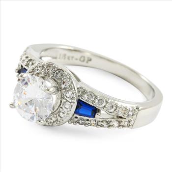 1.36CTW  Blue & White Sapphire Halo Ring 18K White Gold Overlay Sz 7 – 3.8g