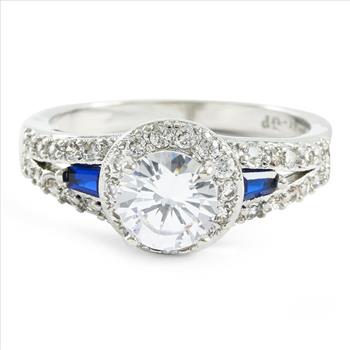 1.36CTW  Blue & White Sapphire Halo Ring 18K White Gold Overlay Sz 7 – 3.8g