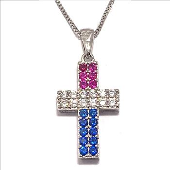 1.50ctw Ruby, Sapphire & Diamonique Diamond Cross Necklace in 18K Gold Overlay – Designer Inspired