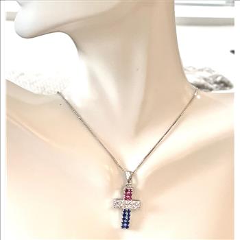 1.50ctw Ruby, Sapphire & Diamonique Diamond Cross Necklace in 18K Gold Overlay – Designer Inspired