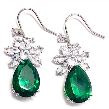 17.00ctw Emerald & CZ 18k White Gold Overlay Long Dangle Earrings