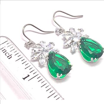 17.00ctw Emerald & CZ 18k White Gold Overlay Long Dangle Earrings