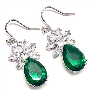 17.00ctw Emerald & CZ 18k White Gold Overlay Long Dangle Earrings