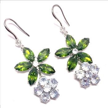 18.00ctw Peridot & CZ 18k White Gold Overlay Long Dangle Earrings