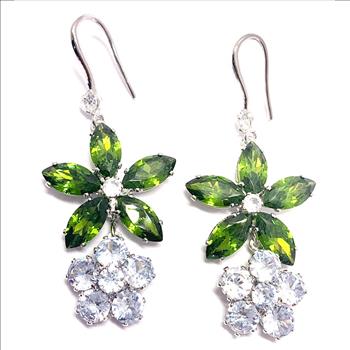 18.00ctw Peridot & CZ 18k White Gold Overlay Long Dangle Earrings
