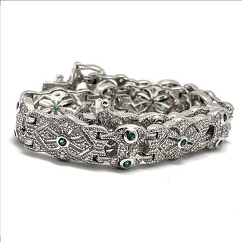 18k Gold & .925 Sterling Silver 1.00ctw Diamonique Diamond & Emerald Filigree Tennis Bracelet