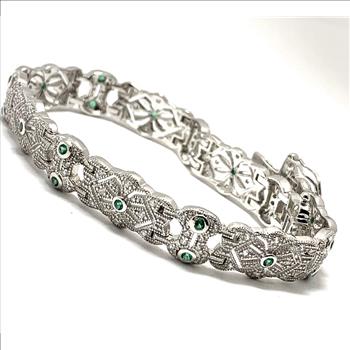 18k Gold & .925 Sterling Silver 1.00ctw Diamonique Diamond & Emerald Filigree Tennis Bracelet