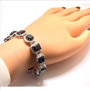 18k Gold & .925 Sterling Silver Diamonique Diamond &  Black Onyx Large Tennis Bracelet