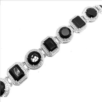 18k Gold & .925 Sterling Silver Diamonique Diamond &  Black Onyx Large Tennis Bracelet