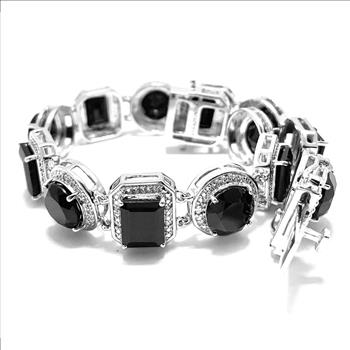18k Gold & .925 Sterling Silver Diamonique Diamond &  Black Onyx Large Tennis Bracelet