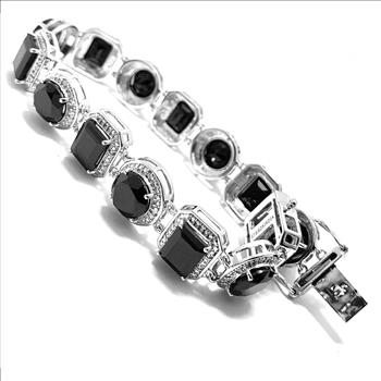 18k Gold & .925 Sterling Silver Diamonique Diamond &  Black Onyx Large Tennis Bracelet