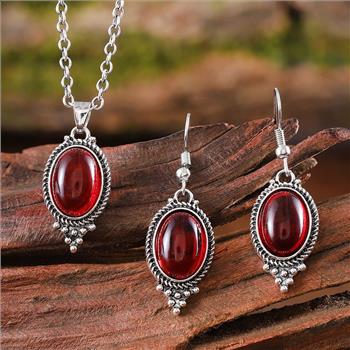 18K Gold Overlay 25.00ctw Garnet Necklace Earring Set