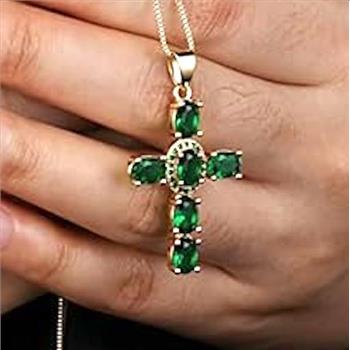 18K Gold Overlay 6.00ctw Emerald Cross Necklace