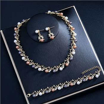 18K Gold Overlay 6mm Multicolor Pearls & Diamonique Diamond  Necklace & Earrings Set