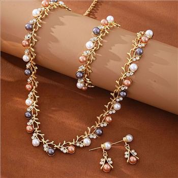 18K Gold Overlay 6mm Multicolor Pearls & Diamonique Diamond  Necklace & Earrings Set