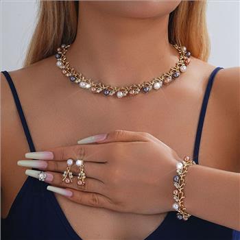 18K Gold Overlay 6mm Multicolor Pearls & Diamonique Diamond  Necklace & Earrings Set